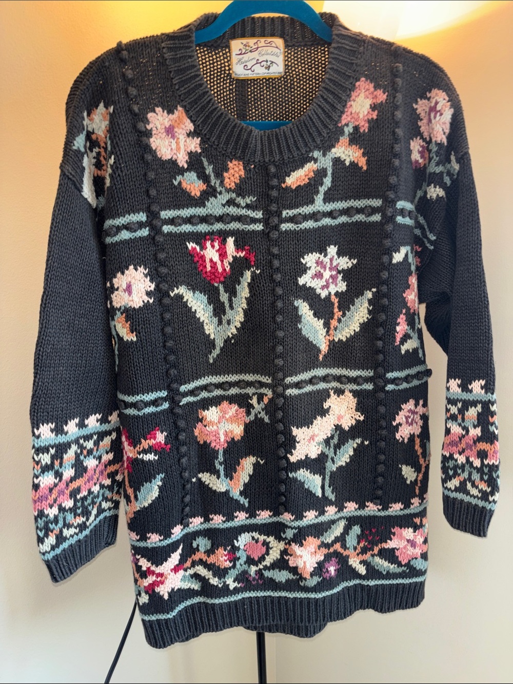 Grandma Sweater Floral Knit Crewneck Navy Blue, Pink, Blue